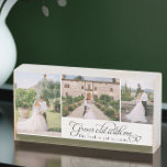 Best is Yet to Come Love Quote Wedding Photos Wooden Box Sign<br><div class="desc">Wedding photo block with love quote and interlinked love hearts. The photo template is set up for you to add 3 wedding pictures which will be displayed in vertical and horizontal formats. The quote reads "grow old with me, the vest is yet to come" in swirly calligraphy and elegant typography....</div>