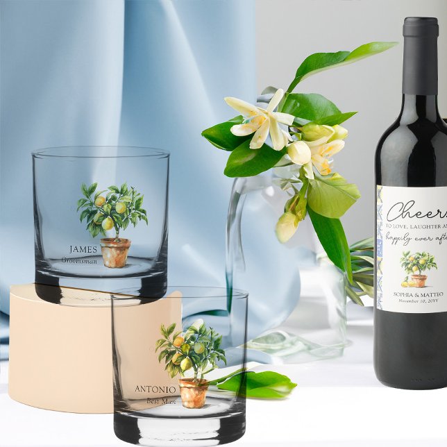 Best Man and Groomsmen Lemon Theme Wedding Party Whiskey Glass (Groomsman gift glasses from the Lemon Grove Wedding Collection by Darling & May)