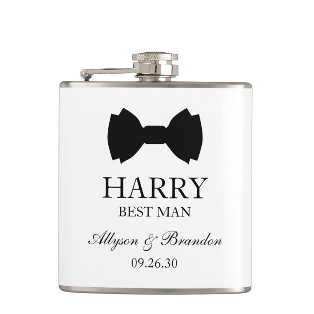 Best Man Black Bow Tie Hip Flask (Front)