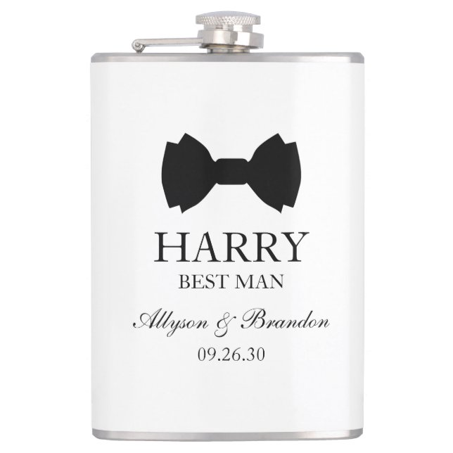 Best Man Black Bow Tie Hip Flask (Front)