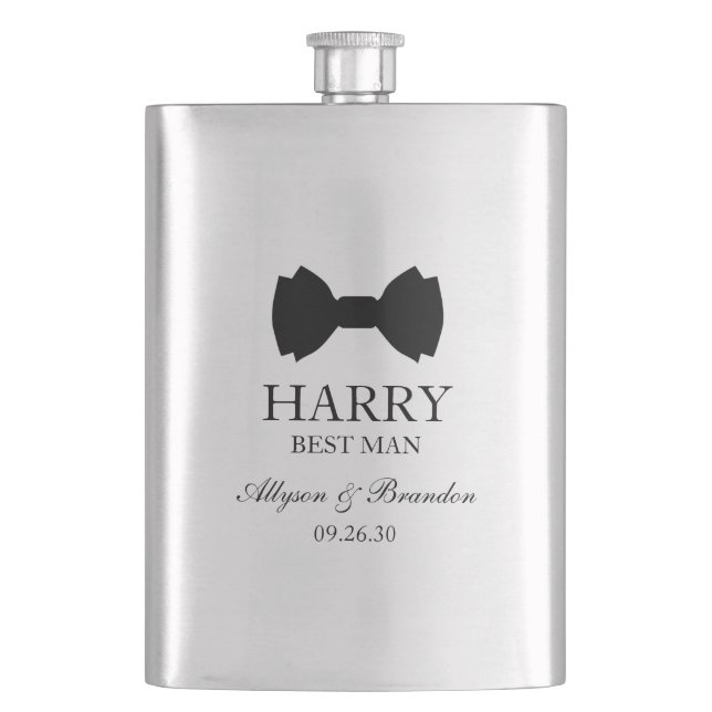 Best Man Black Bow Tie Hip Flask (Front)