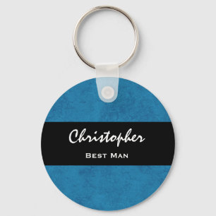 BEST MAN Custom Name Cobalt Blue Grunge Damask Keychain