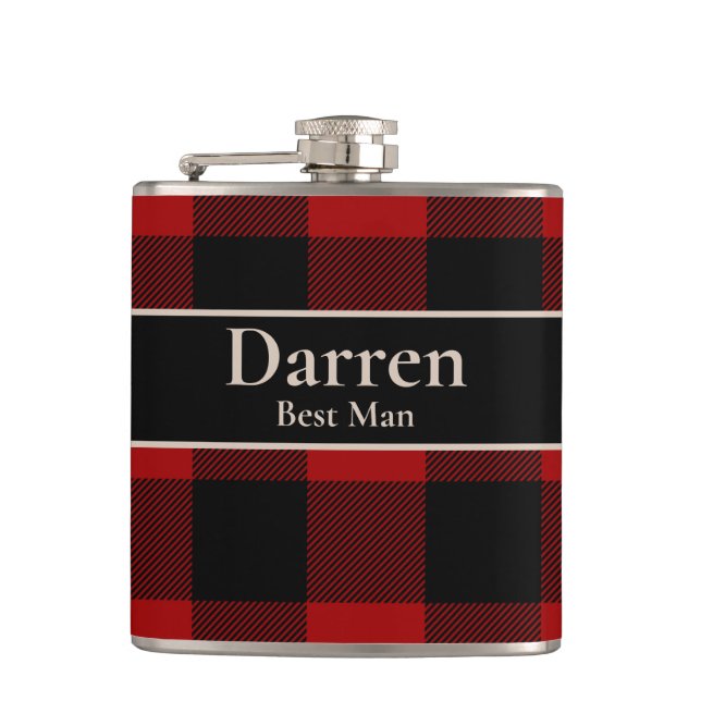 Best Man Custom Name on Buffalo Plaid Hip Flask (Front)