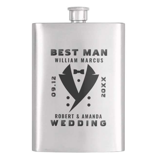 Best Man Elegant Tuxedo Black Typograpgy Wedding Hip Flask (Front)