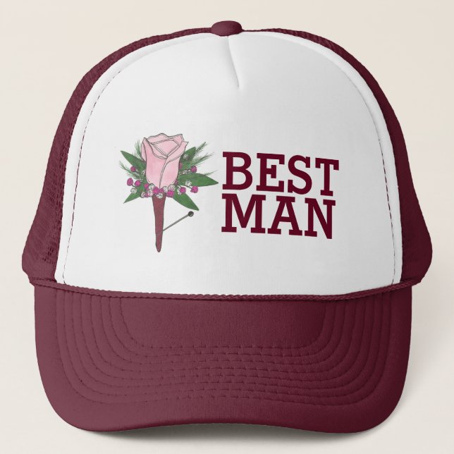 Best Man Groomsmen Wedding Boutonniere Rose Flower Trucker Hat (Front)
