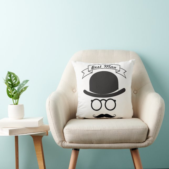Best Man Hipster Glasses Hat Handlebar Moustache Throw Pillow (Chair)