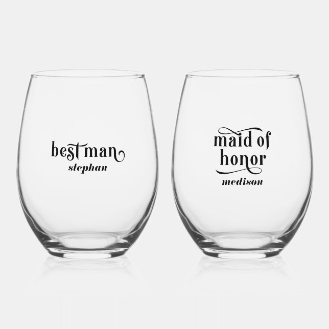 Best man, Maid of Honour Elegant Black Typography Stemless Wine Glass (Front)