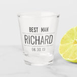 Best Man Modern Black Typography Monogram Shot Glass<br><div class="desc">This cool and modern Best Man typography shot glass design is the perfect gift for the Groom's bridal party. It features simple black typography with a personalized date and monogram name. Customize the text colour by clicking the "customize" button to access more options. ***IMPORTANT DESIGN NOTE: For any custom design...</div>