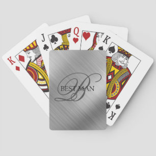 Best Man Monogram Brushed Silver Playing Cards