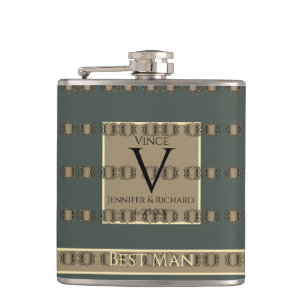 Best Man Old Gold&Teal Grey Golden Veiled Wedding Hip Flask