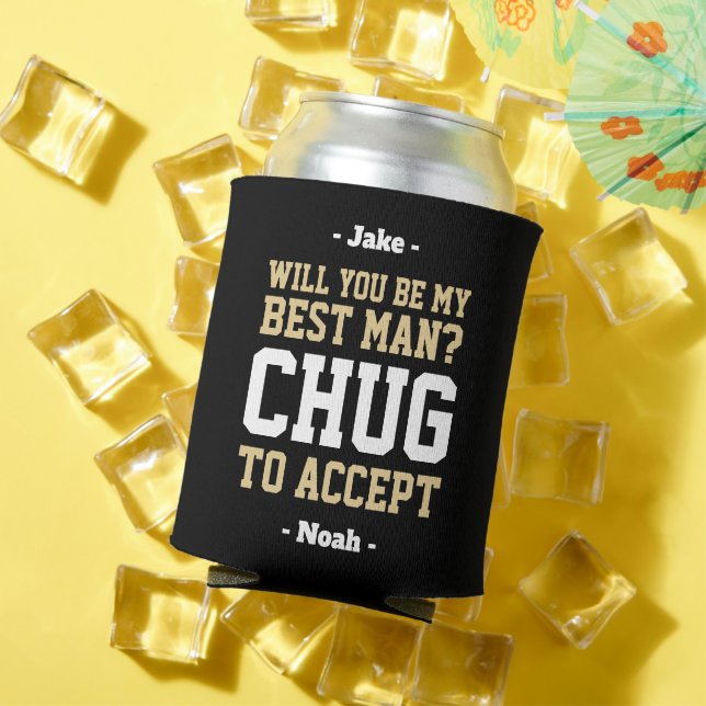 Best Man Proposal Chug to Accept Black Gold White Can Cooler (In Situ Summer)
