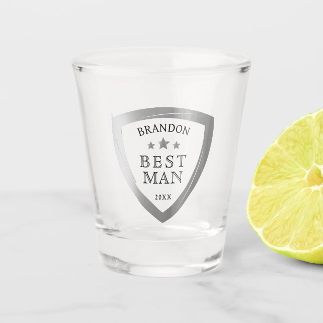 Best Man Silver Shield Shot Glass (Front)