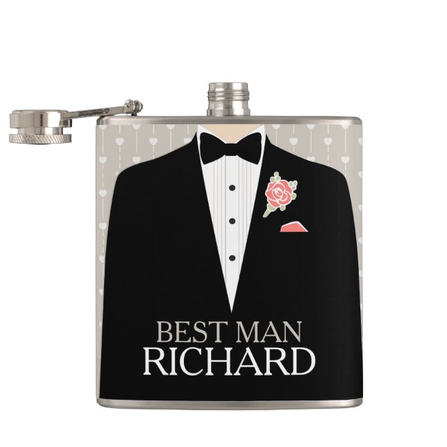 Best man tuxedo coral button named hip flask (Opened)