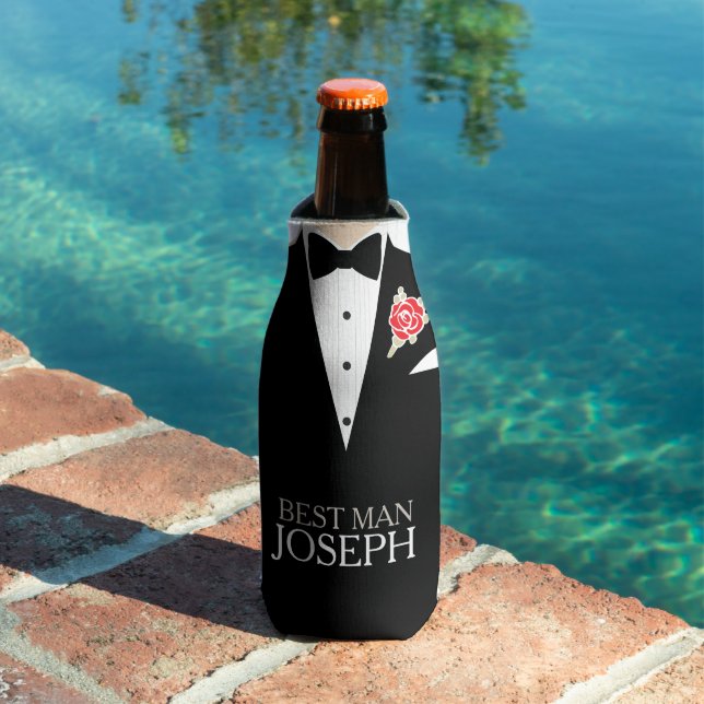 Best man tuxedo red rose button custom name bottle cooler (In Situ Pool)