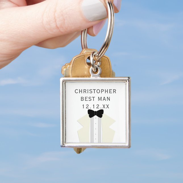 Best Man Tuxedo Wedding Black Tie Keychain (Add your Best Man's name and your wedding date to this quirky tuxedo keychain. A lovely memento!)