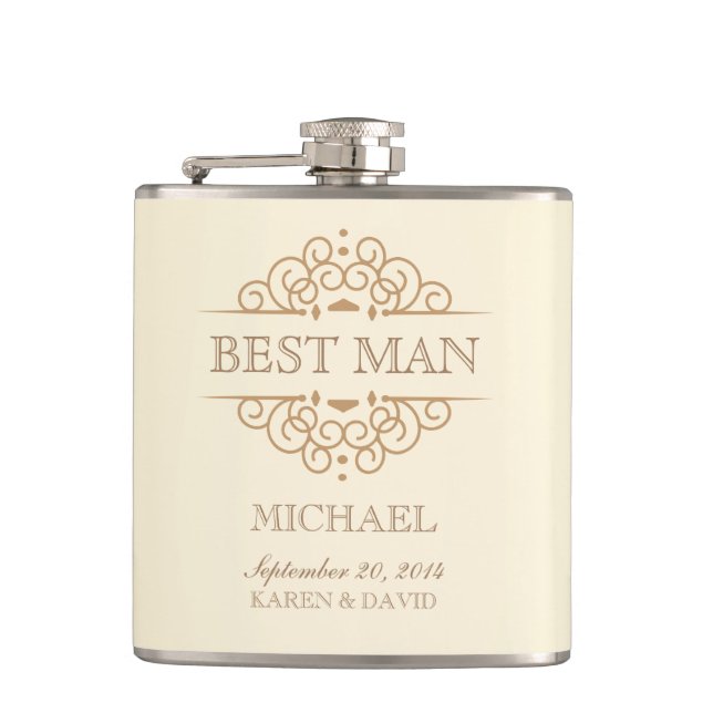 Best Man Vintage Scrolls Wedding Party Flask (Front)