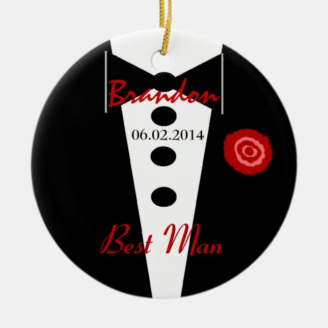 Best Man Wedding Favour Custom Name Tux Ceramic Ornament (Front)