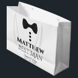 Best Man Wedding Gift Bag with Black Tie - Large<br><div class="desc">This gift bag is designed for your Best Man. The design features black text and a black tie with buttons on a white background. Includes a space for his name as well as the name of the couple and the wedding date. Fill with gifts, favours, candy, booze, or any other...</div>