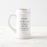 Best Man Wedding Thanks Gift/Cheers/Name Beer Stein<br><div class="desc">Say thanks to your Best Man on your wedding day with this elegant stein with "Cheers" in gold script typography on one side, and easily personalised black text on the other, for his name, your message, your names and wedding date. You can also change this text colour to another of...</div>
