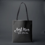 Best Man Wedding Tote Bag | Cool Modern Script<br><div class="desc">Your Best Man will love this personalized tote bag! Double-sided with a fun trendy white script font and swirl, the bag also features two lines of custom text - add the Best Man's name, wedding date, location, etc. Change the background colour to match your wedding colours - just click on...</div>