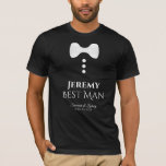 Best Man White Tie fun Wedding t-shirt<br><div class="desc">This fun t-shirt is designed as a gift or favour for your best man. The t-shirt is black and features an image of a white tie and white buttons. The text reads "Best Man" and has a place to enter his name as well as the wedding couple's name and wedding...</div>