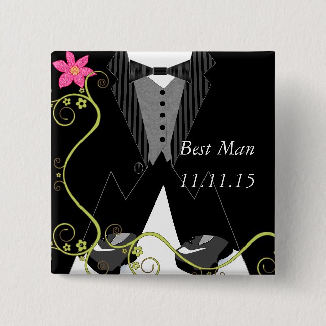 Best ManTuxedo Bow Tie Tennis Shoe Wedding Badges 2 Inch Square Button (Front)