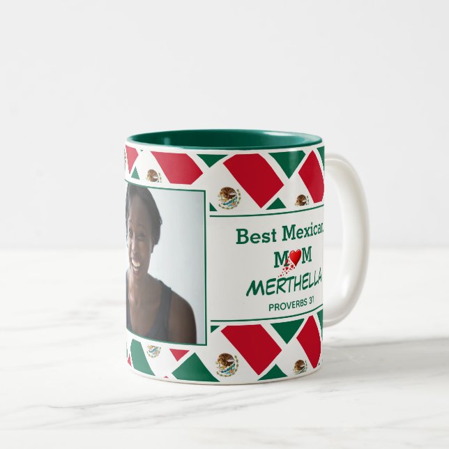 BEST MEXICAN MOM Personalized MEXICO Flag Photo Two-Tone Coffee Mug (Front Right)