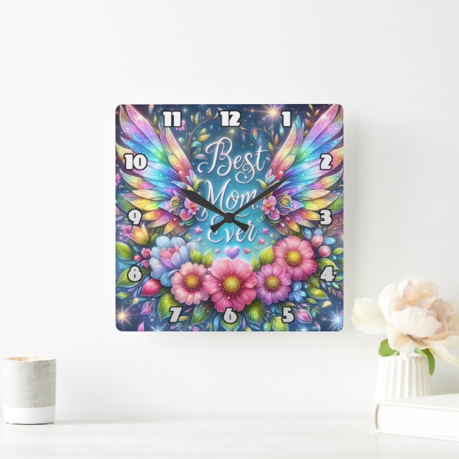 Best Mom: Angel Wings, Floral Tribute Square Wall Clock (Home)
