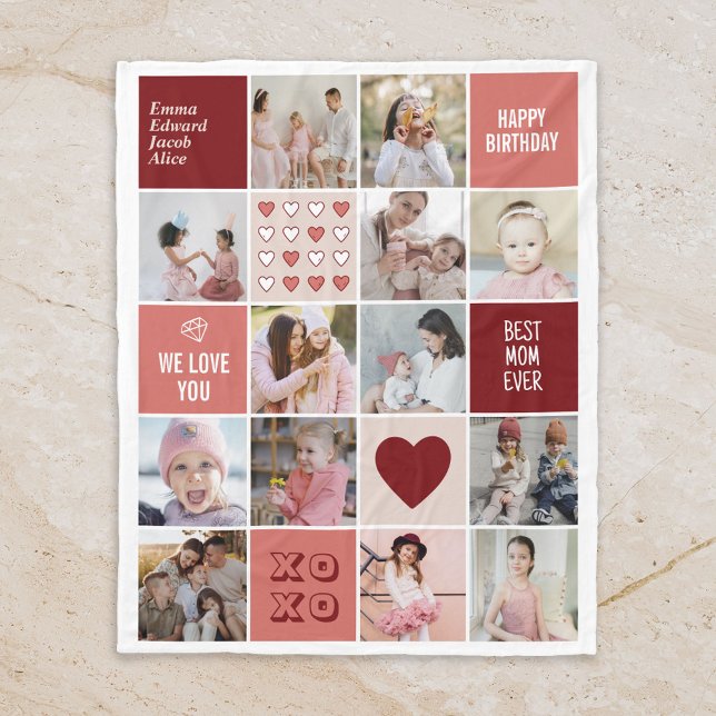 Best Mom Birthday Mother's Day Photo Collage Pink Fleece Blanket (Photo Collage Blanket)