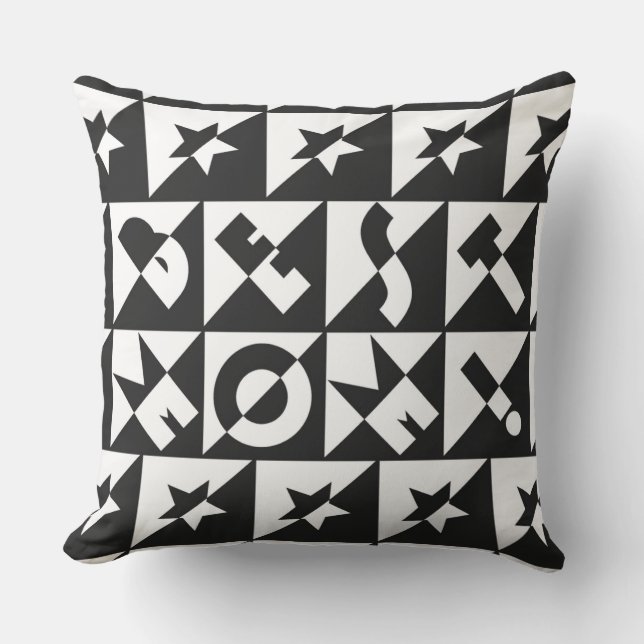 Best Mom Black with White Pattern and Stars Throw Pillow (Front)