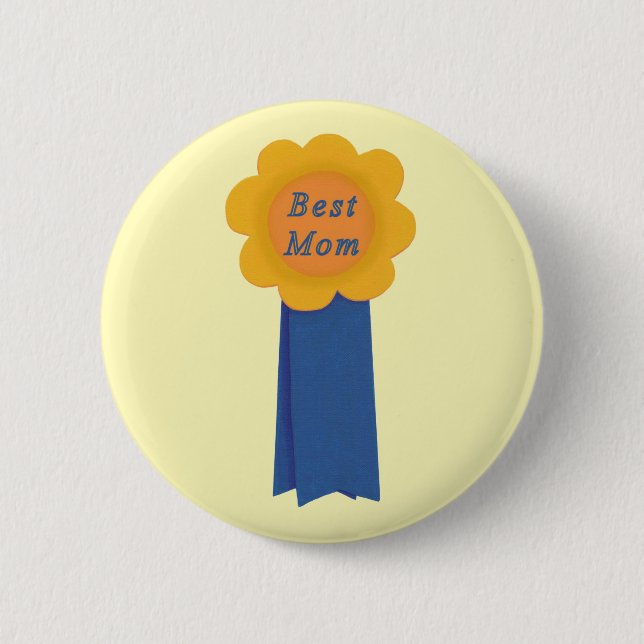 Best Mom Blue Ribbon Yellow Flower Reward Button (Front)