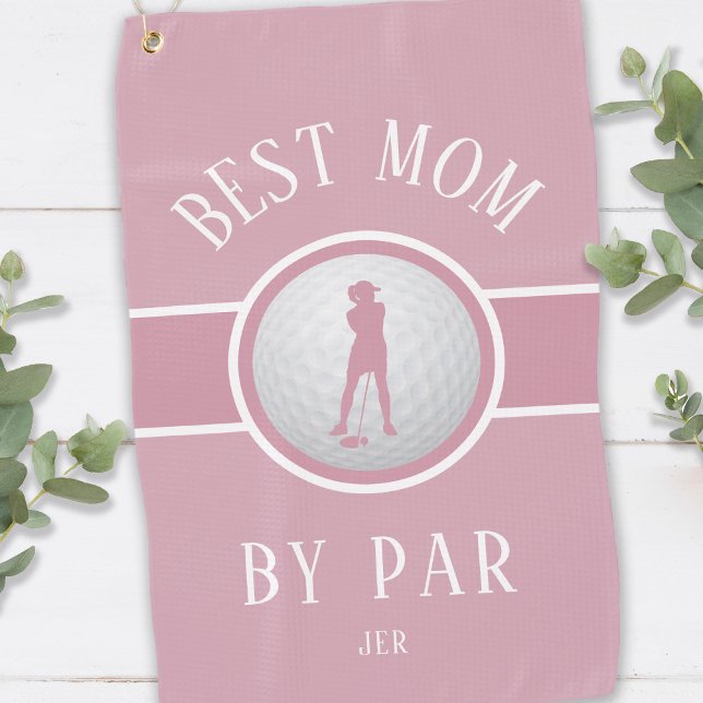 Best Mom By Par Golf Quote Monogram Pink & White Towel (Best Mom By Par Golf Quote Custom Monogram or Name Pink & White Golf Towel For Her)