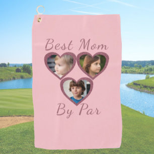 Best Mom By Par Pink Hearts 3 Kids Photo Collage Golf Towel