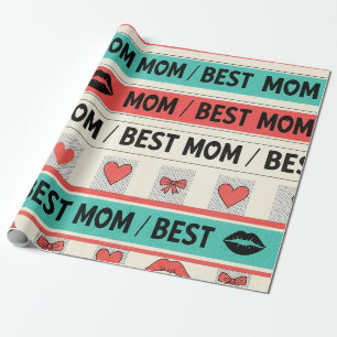 Best Mom Comic Hearts Retro Graphic Wrapping Paper