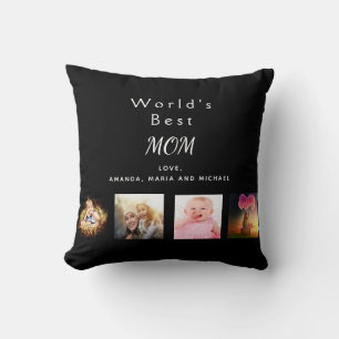 Best Mom custom family photo collage black Throw Pillow