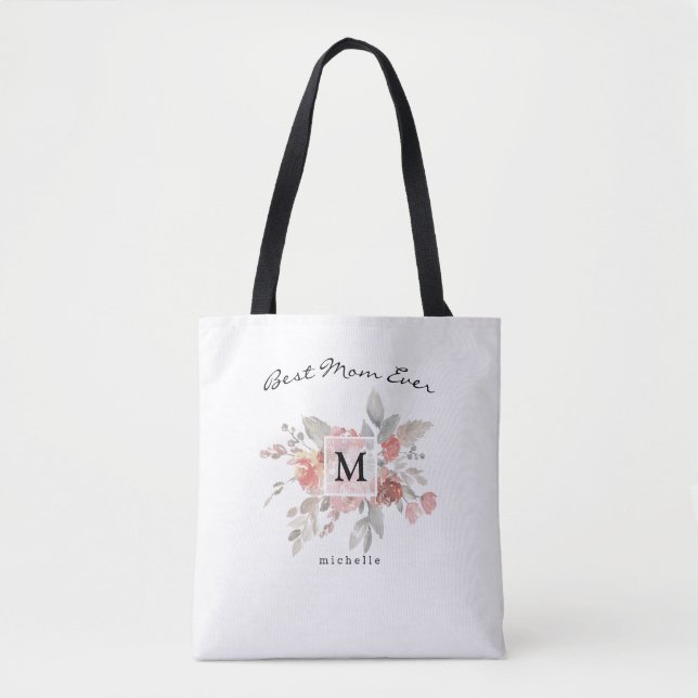 Best Mom Elegant Blush Pink Floral Monogram Tote Bag (Front)