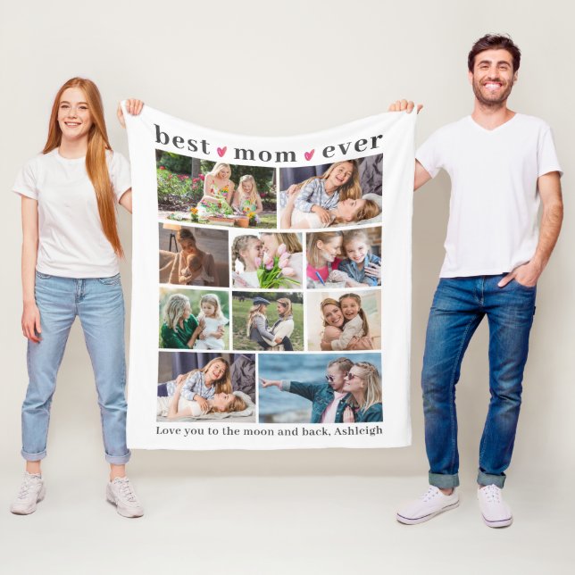 BEST MOM EVER 10 Photo Collage Hearts Custom Fleece Blanket (In Situ)