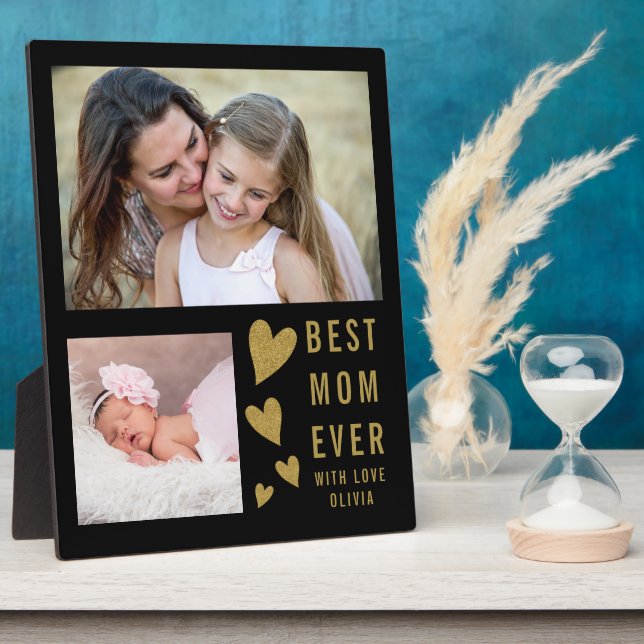 Best Mom Ever 2 Photo  Collage Black And Gold Plaque (Side)