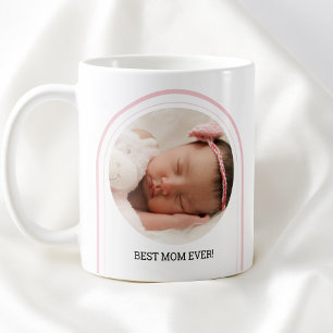 Best Mom Ever 2 Photo Pink Modern Arch Baby Name Coffee Mug