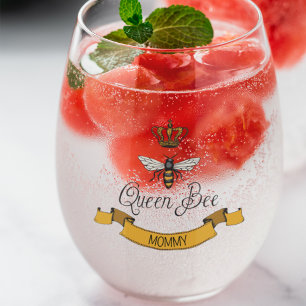 Best Mom Ever 2 Photos & Name Royal Queen Bee Stemless Wine Glass