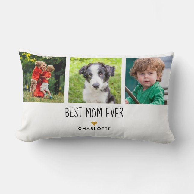 Best Mom Ever 3 Photo Gold Heart Lumbar Pillow (Front)