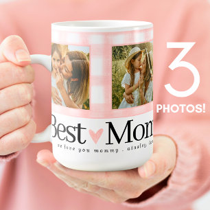 Best Mom Ever 3 Photo Mothers Day Gingham Hearts Coffee Mug