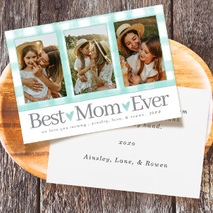 Best Mom Ever 3 Photo Mothers Day Gingham Hearts Holiday Card