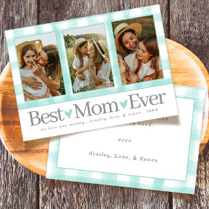 Best Mom Ever 3 Photo Mothers Day Gingham Hearts Holiday Card