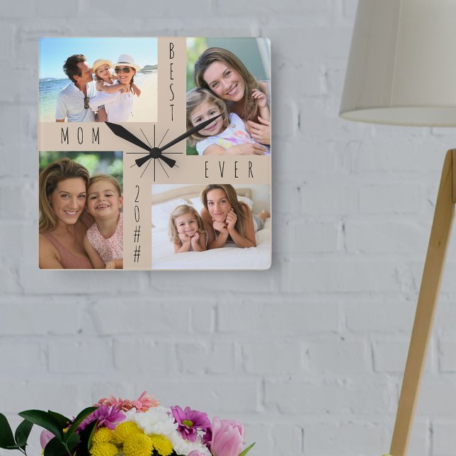 Best Mom Ever 4 Photo Collage Beige Square Wall Clock (Creator Uploaded)