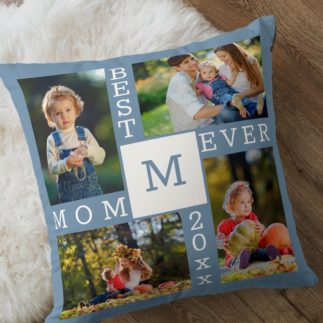 Best Mom Ever 4 Photo Collage Blue White Monogram Throw Pillow (Creator Uploaded)