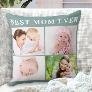 Best Mom Ever 4 Photo Collage Sage Green Custom Throw Pillow