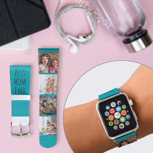 Best Mom Ever 4 Photo Skinny Font Peacock White Apple Watch Band