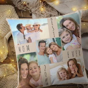 Best Mom Ever 5 Photo Collage Beige Throw Pillow