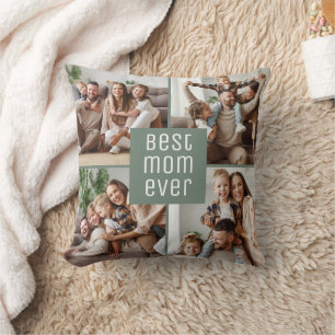 Best Mom Ever 5 Photos Mother's Day Sage Green Throw Pillow